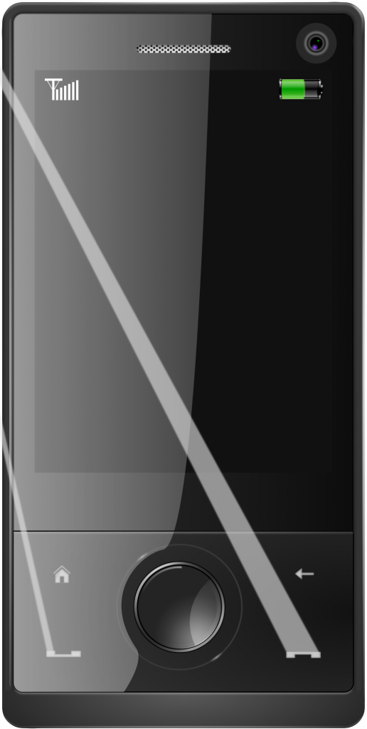 A black mobile phone with a circular navigation button