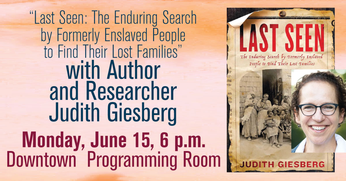 Event announcement for Judith Giesberg's book discussion on family searches