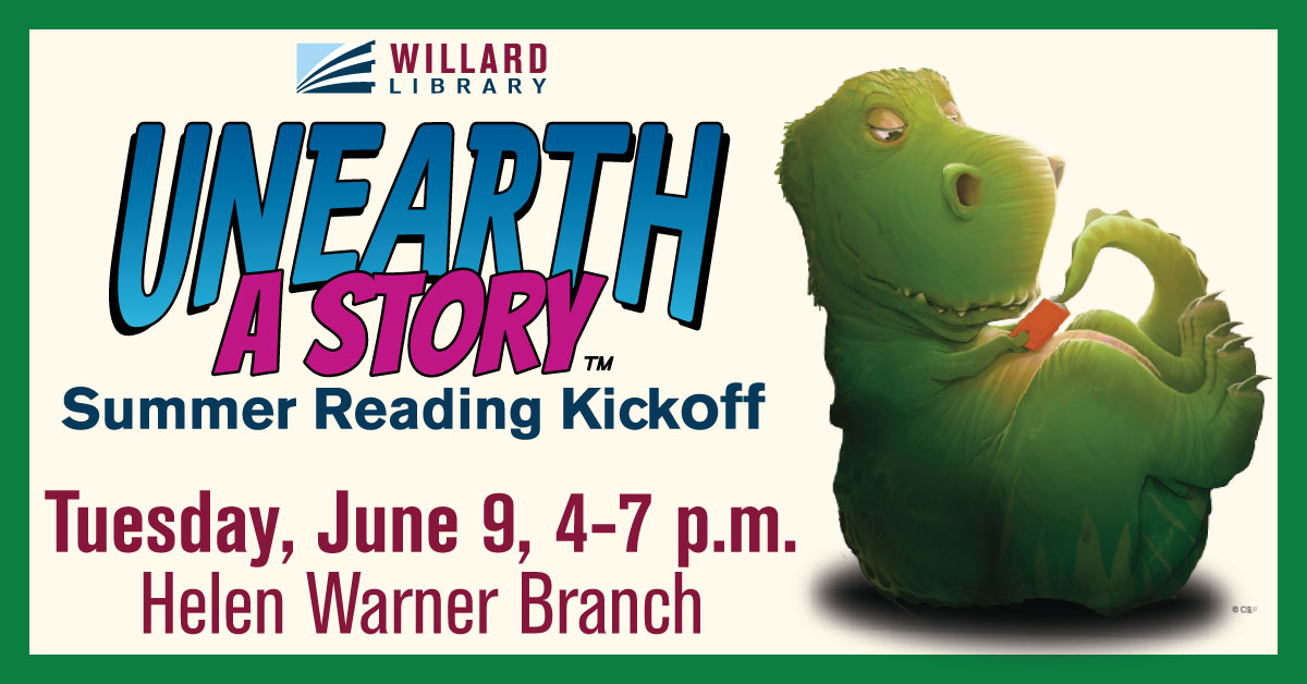 Summer reading kickoff event featuring a dinosaur reading a book