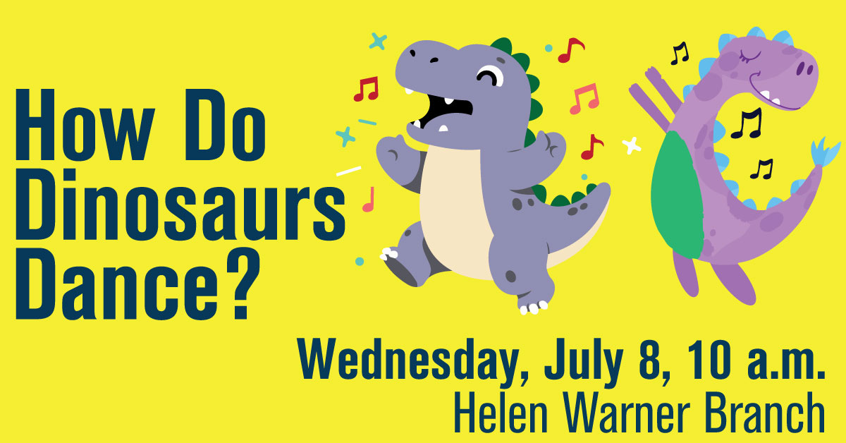Colorful illustration of dancing dinosaurs on a yellow background